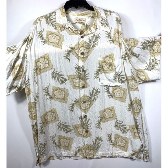 Caribbean Joe Shirt Adult XXL Mens Beige Short Sleeve Hawaiian Floral Button Up - Picture 5 of 11